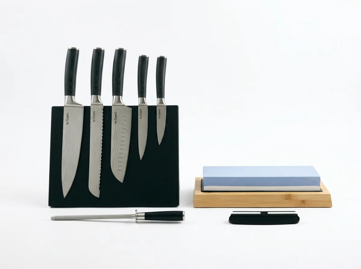 byGaard by Gaard DKS2526 Damascus Knife Set 6 Dele - FSC MIX 70% + KB2602 Knife block, magnetic, gummi træ, 28*21.5*3.5cm + wetstone kniv sliber sæt bambus