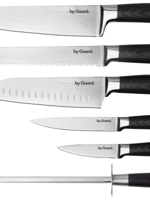 byGaard by Gaard DKS2526 Damascus Knife Set 6 Dele - FSC MIX 70% + KB2602 Knife block, magnetic, gummi træ, 28*21.5*3.5cm + wetstone kniv sliber sæt bambus